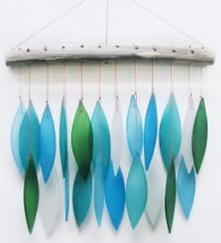 Product image of the product “Glass Wind chime „Leaves“, marine colors, Driftwood & recycled Glass, 27x2x44 cm ”