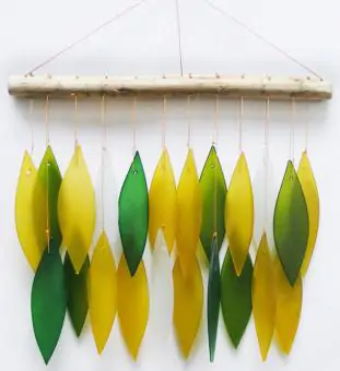Product image of the product “Glass Wind chime „Leaves“, forest colors, Driftwood & recycled Glass, 27x2x44 cm ”