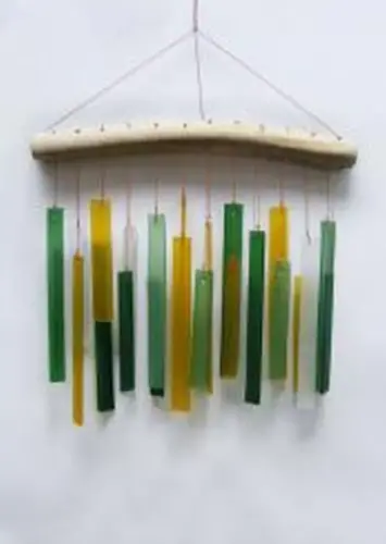 Product image of the product “Glass Wind chime „Orthogon“, forest colors, 26x2x44 cm,  Driftwood & recycled Glass ”