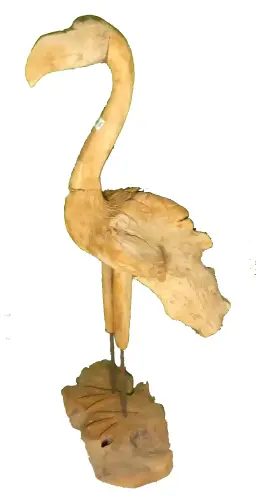 Product image of the product “Flamingo, made from teak root pieces, about 1,10 mtr high-. 2 Parts, metall feet. ”