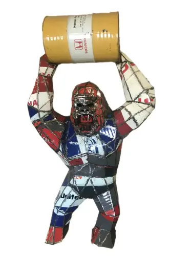 Product image of the product “Angry Gorilla with Barrel, 300cm height, sculpture from upcyceled oil barrel. ”