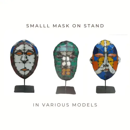 Product image of the product “Small Mask on stand - 50cm height, sculpture from upcyceled oil barrel. In various models. ”