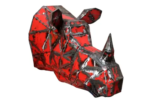 Product image of the product “Rhino Head wall hanger, 60cm long, sculpture from upcyceled oil barrel. ”