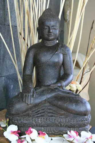 Product image of the product “Sitting buddha-India style, cast stone, handcrafted & coloured, in the sizes from 30cm to 150cm, Antique finish ”