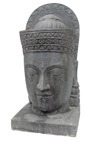 Product image of the product “Khmer-Head (070cm) as water feature with different top. 46 x 36 x 85cm. Stone cast, handcrafted & coloured ”