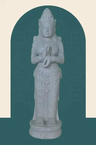 Product image of the product “Standing Dewi Sri, “Turning of the Wheel”, 100cm Height, Riverstone, Stone Dewi Sri ”