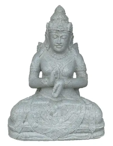Product image of the product “Seated Dewi Sri made of Riverstone in Dharmachakra gesture of wheel of the teaching of the Dharma. in the sizes from 45cm to 100cm, Natural finish ”
