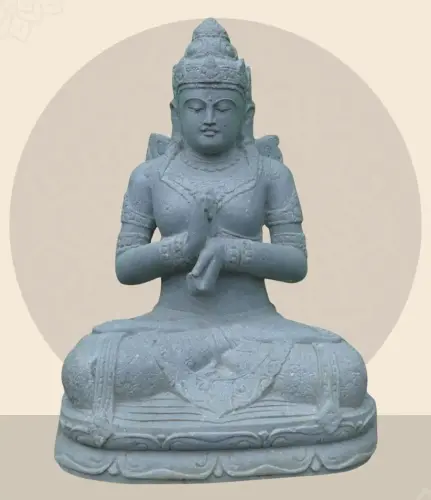 Product image of the product “Seated Dewi Sri made of Riverstone in Dharmachakra gesture of wheel of the teaching of the Dharma, H. 80cm. ”