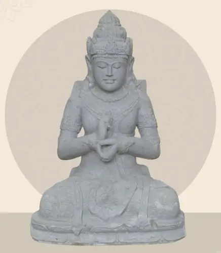 Product image of the product “Seated Dewi Sri, position chakra turning the wheel, 79,5 cm high riverstone grey, modell with sativa ”