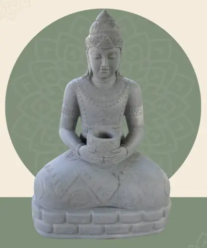 Product image of the product “Seated Buddha in Thai style made of Riverstone, Holds a vessel in his hands, H. 150cm. ”