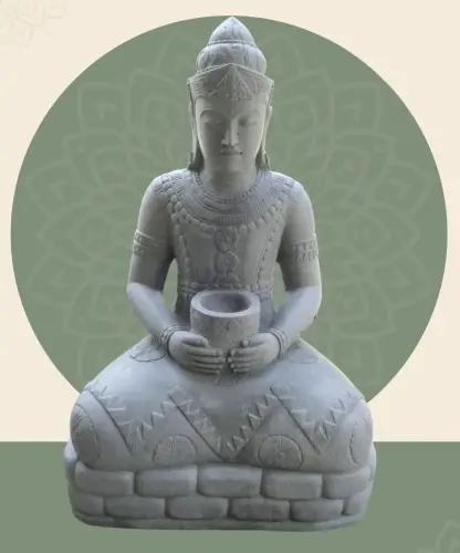Product image of the product “Seated Buddha in Thai style made of Riverstone, Holds a vessel in his hands, H. 154cm. ”