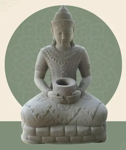 Product image of the product “Seated Buddha in Thai style made of Riverstone, Holds a vessel in his hands, H. 150cm. ”