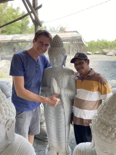 Product image of the product “Standing Buddha Namaste made of Riverstone, ca. 185 cm High. ”