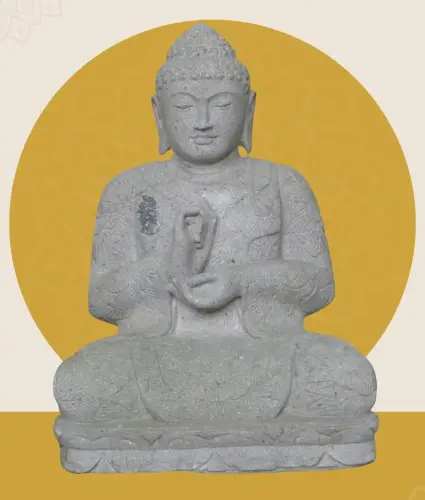 Product image of the product “Seated Buddha with floral carving, Dharmacakra position. 67 cm height. Natural stone (river stone), stonemasonry. There is a stone eye in the chest. ”