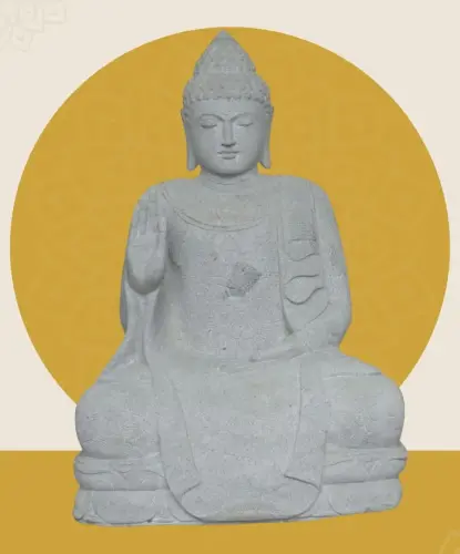 Product image of the product “Seated Buddha with floral carving - Abhaya position. About 68cm length, 42cm width, 100cm height. Natural stone (river stone), stonemasonry ”