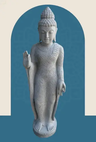 Product image of the product “Standing Buddha with floral carving, Abudaya position. 40 x 31 x 154cm. Natural stone (river stone), stonemasonry ”