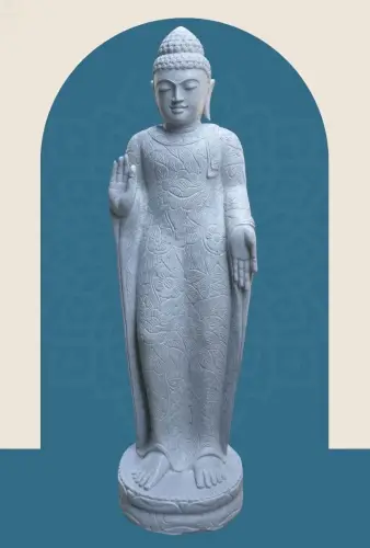 Product image of the product “Standing Buddha with floral carving, Abudaya position. 44 x 31 x 154cm. Natural stone (river stone), stonemasonry ”