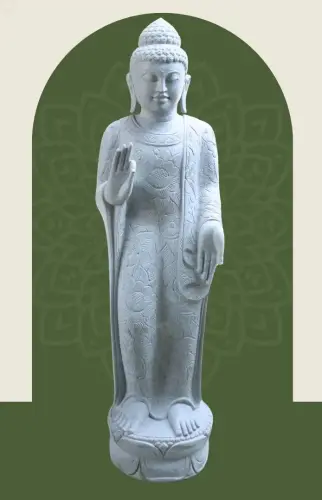 Product image of the product “Standing Buddha with floral carving, Abudaya position. 51 x 33 x 175cm. Natural stone (river stone), stonemasonry ”