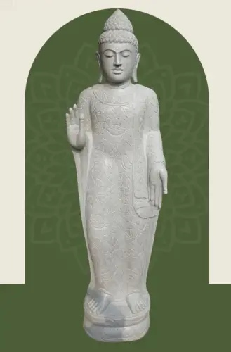Product image of the product “Standing Buddha with floral carving, Abudaya position. 50 x 32 x 178cm. Natural stone (river stone), stonemasonry ”
