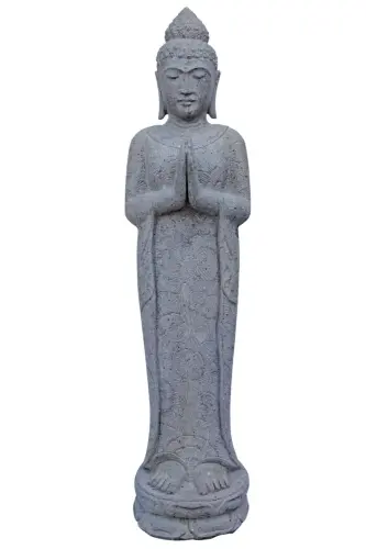Product image of the product “Standing Indian Buddha, floral pattern on the cape - gesture of greeting Namaste, in the sizes from 120cm to 180cm, Natural finish ”