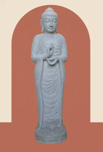 Product image of the product “Standing Buddha made of Riverstone in Dharmachakra position - gesture of wheel of the teaching of Dharma. About 122cm height ”