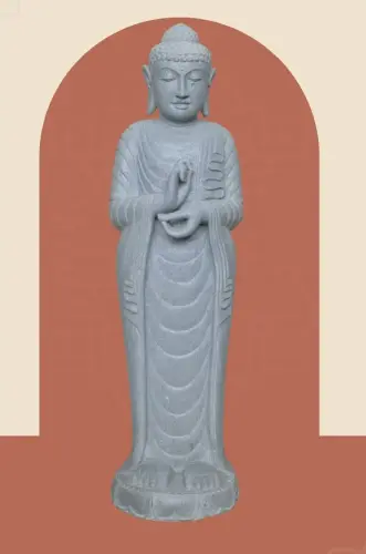 Product image of the product “Standing Buddha made of Riverstone in Dharmachakra position - gesture of wheel of the teaching of Dharma. About 122cm height ”