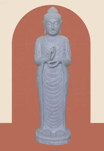 Product image of the product “Standing Buddha made of Riverstone in Dharmachakra position - gesture of wheel of the teaching of Dharma. About 120cm height. ”