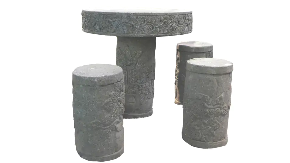  Product image 1 of the product “Stone table with three stools, flower motif (5-part) ”