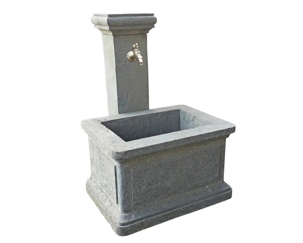 Product image 1 of the product “Wall fountain model „Bozen“,  120 cm height, natural stone (Basanite), stonemasonry, without pump, pipes, faucet, drilling ”