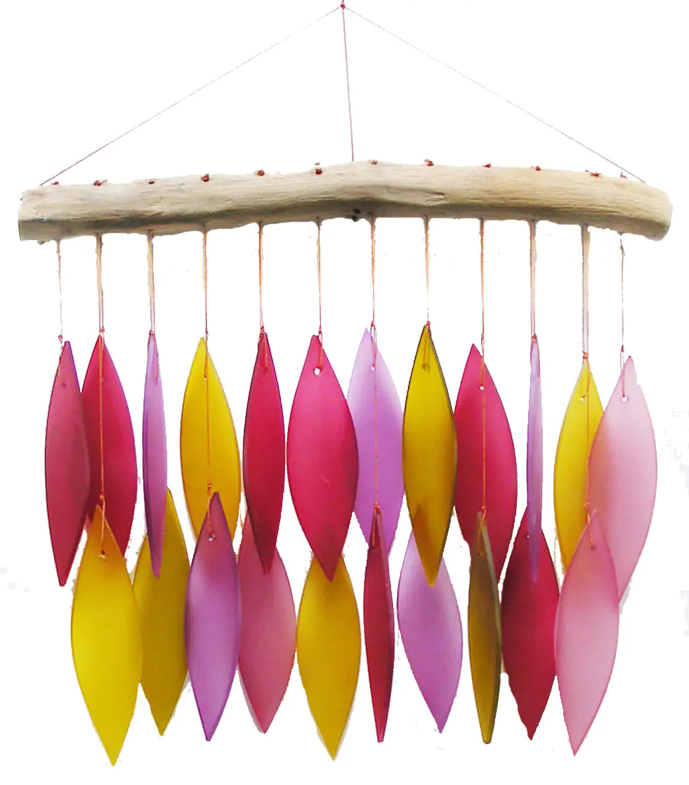  Product image 1 of the product “Glass Wind chime „Leaves“, fire-colored, Driftwood & recycled Glass, 27x2x44 cm ”