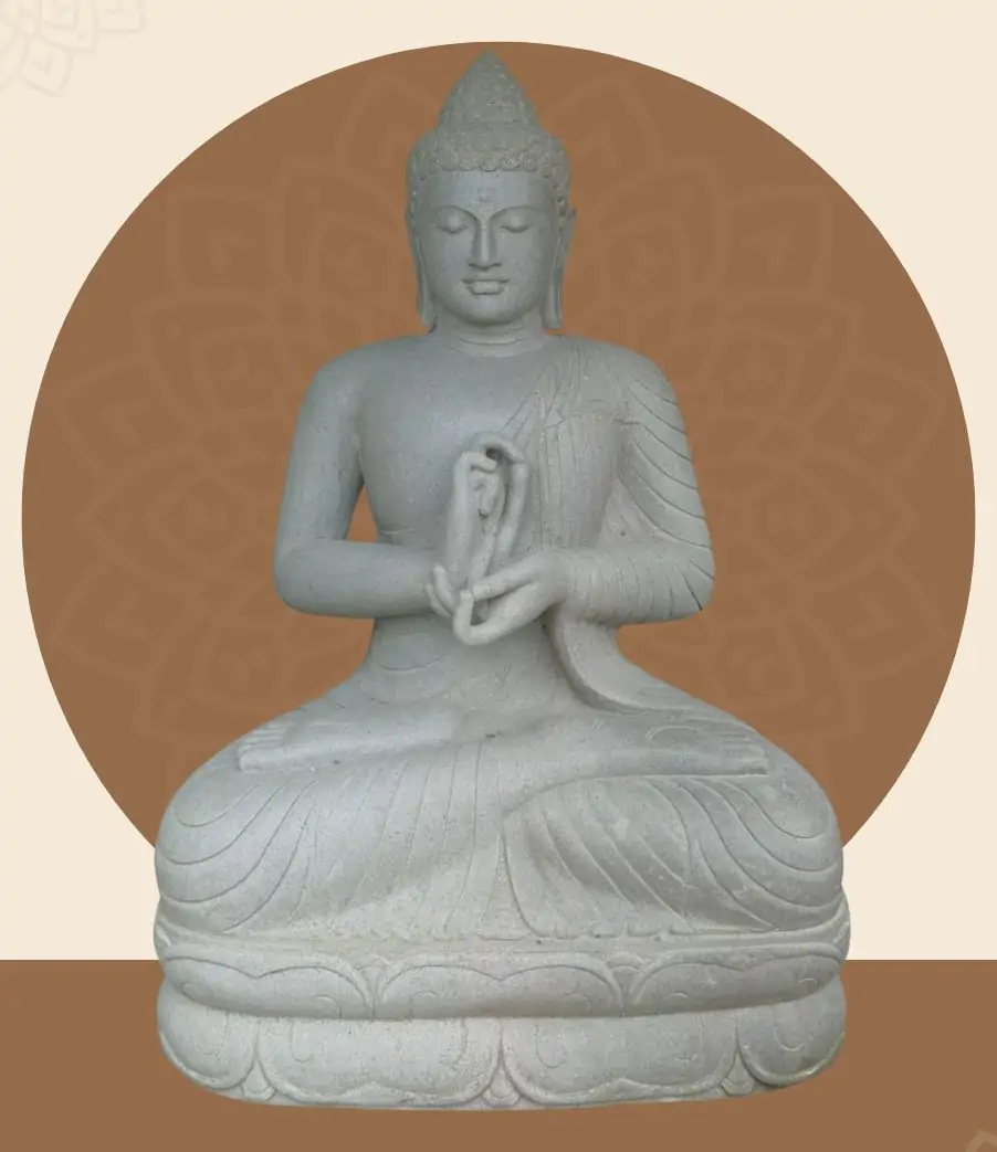  Product image 1 of the product “Seated Buddha made of Riverstone in Dharmachakra gesture of wheel of the teaching of the Dharma, H.135 cm. ”
