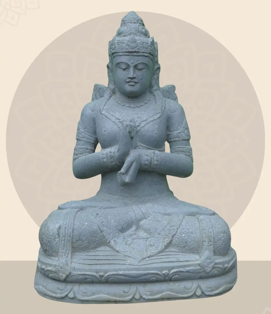  Product image 1 of the product “Seated Dewi Sri made of Riverstone in Dharmachakra gesture of wheel of the teaching of the Dharma, H. 80cm. ”