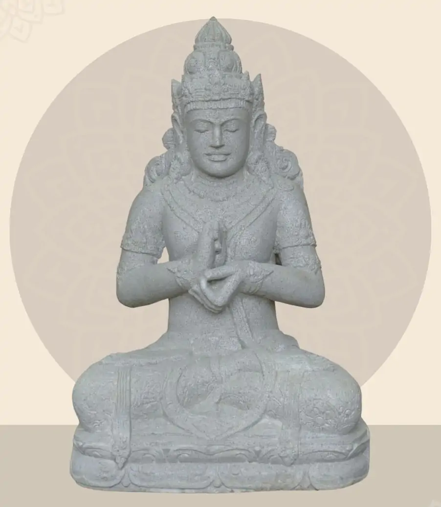  Product image 1 of the product “Seated Dewi Sri, position chakra turning the wheel, 79 cm high riverstone grey, modell with sativa ”