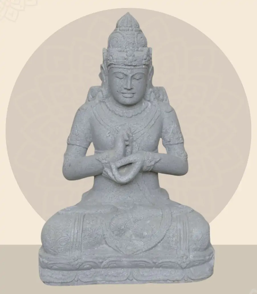  Product image 1 of the product “Seated Dewi Sri, position chakra turning the wheel, 76 cm high riverstone grey, modell with sativa ”