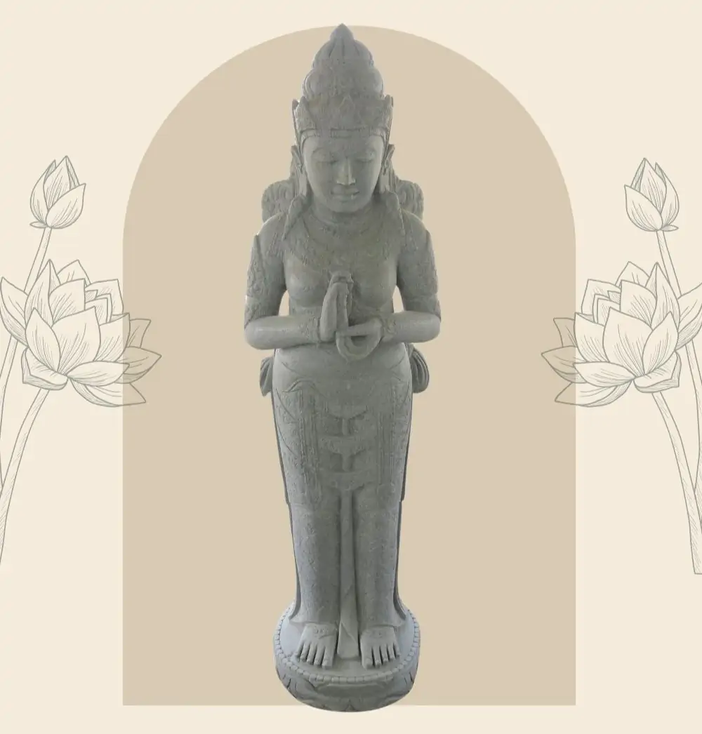  Product image 1 of the product “Standing Dewi Sri, position greetings turning the wheel , 170 cm high riverstone grey ”