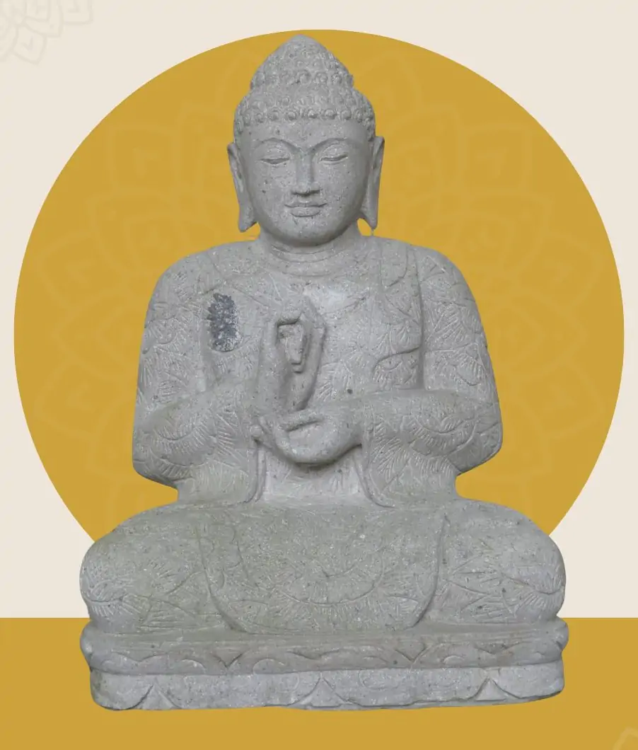  Product image 1 of the product “Seated Buddha with floral carving, Dharmacakra position. 67 cm height. Natural stone (river stone), stonemasonry. There is a stone eye in the chest. ”