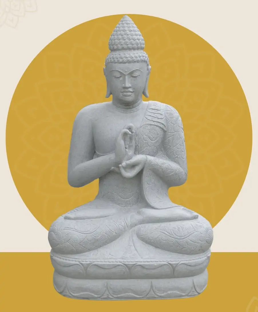  Product image 1 of the product “Seated Buddha with floral carving -Chakra position. About 152cm height. Natural stone (river stone), stonemasonry ”