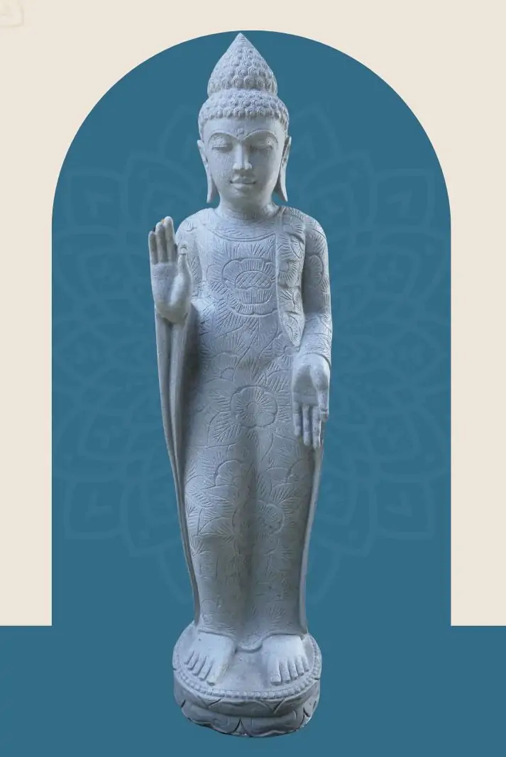  Product image 1 of the product “Standing Buddha with floral carving, Abudaya position. 38 x 30 x 150cm. Natural stone (river stone), stonemasonry ”