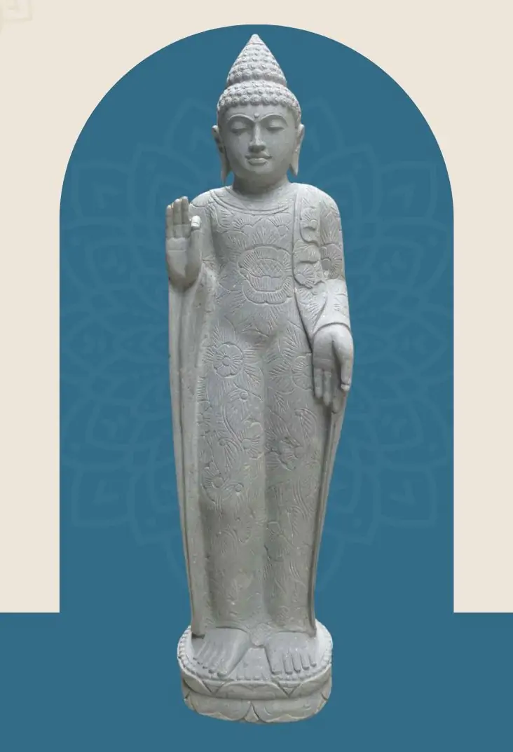  Product image 1 of the product “Standing Buddha with floral carving, Abudaya position. 40 x 28 x 152cm. Natural stone (river stone), stonemasonry ”