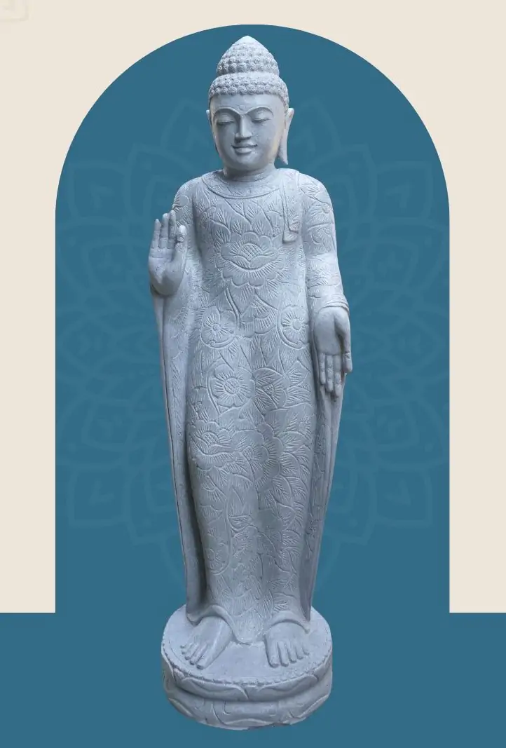  Product image 1 of the product “Standing Buddha with floral carving, Abudaya position. 44 x 31 x 154cm. Natural stone (river stone), stonemasonry ”