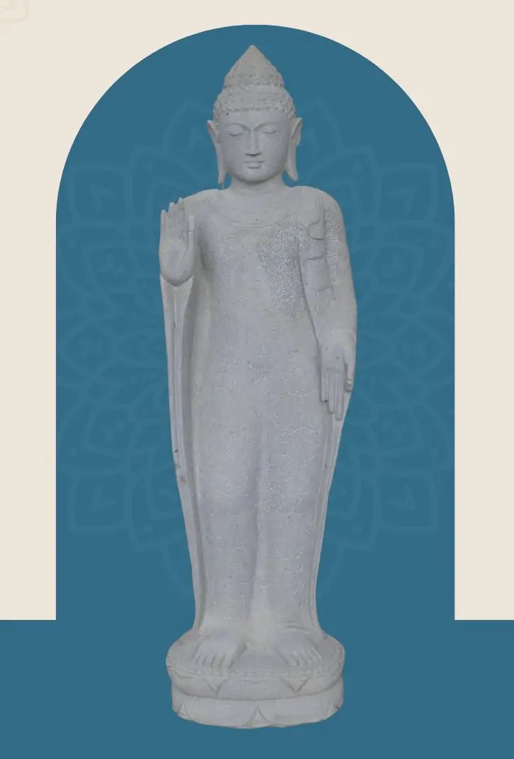  Product image 1 of the product “Standing Buddha with floral carving, Abudaya position. 48 x 34,5 x 151,5 cm. Natural stone (river stone), stonemasonry ”