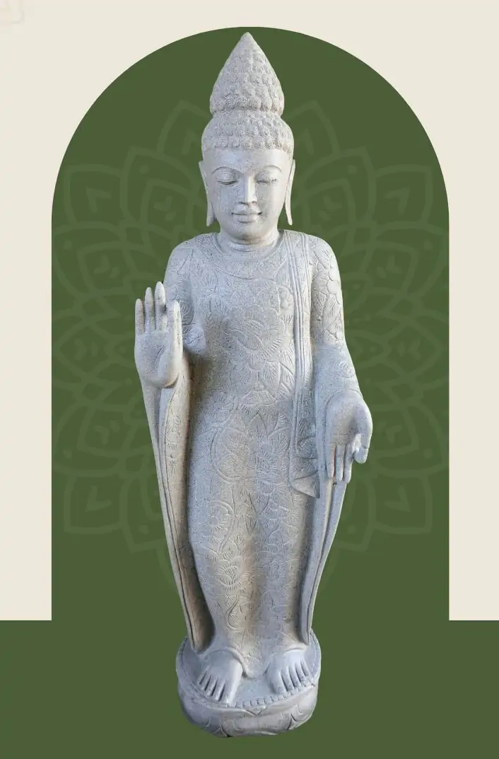  Product image 1 of the product “Standing Buddha with floral carving, Abudaya position. 54 x 36 x 176cm. Natural stone (river stone), stonemasonry ”