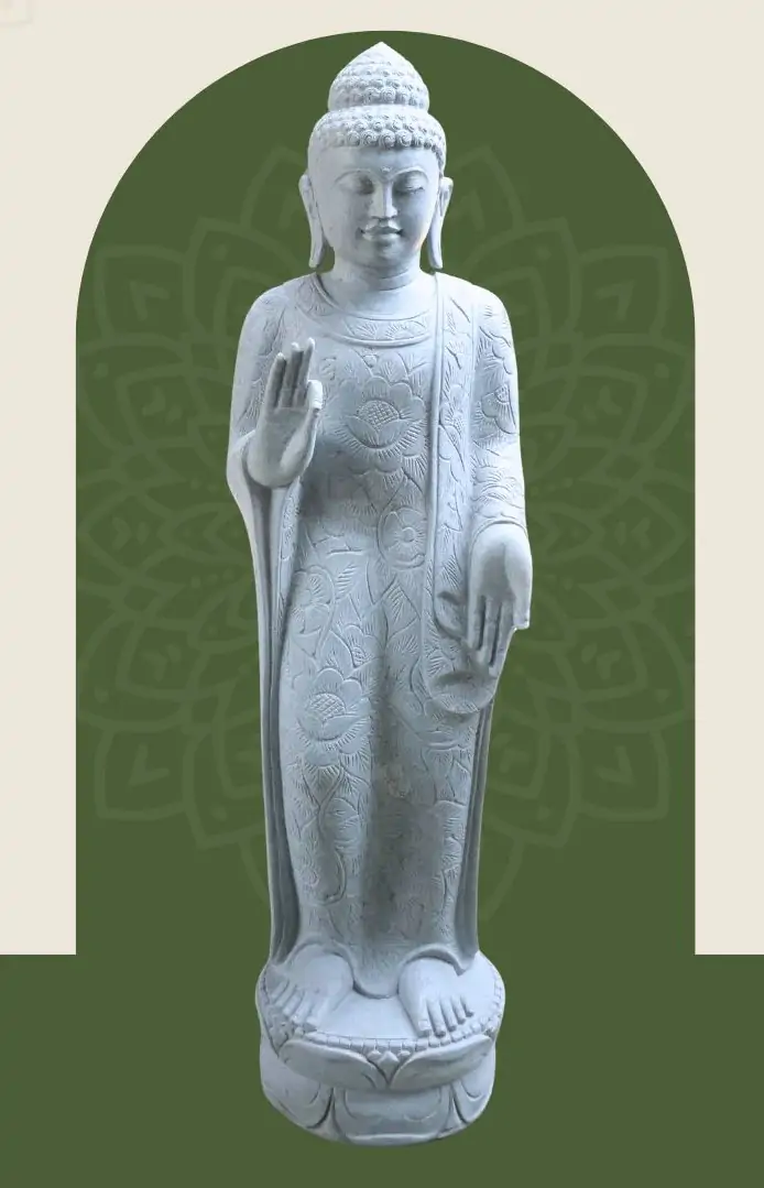  Product image 1 of the product “Standing Buddha with floral carving, Abudaya position. 51 x 33 x 175cm. Natural stone (river stone), stonemasonry ”
