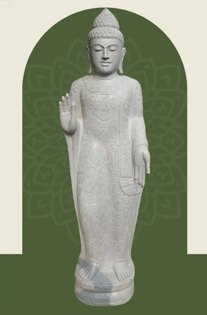  Product image 1 of the product “Standing Buddha with floral carving, Abudaya position. 50 x 32 x 178cm. Natural stone (river stone), stonemasonry ”