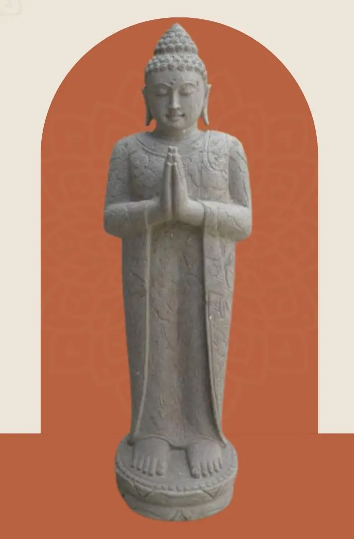  Product image 1 of the product “Standing Buddha with floral carving, Greeting position. 40 x 29 x 120cm. Natural stone (river stone), stonemasonry ”