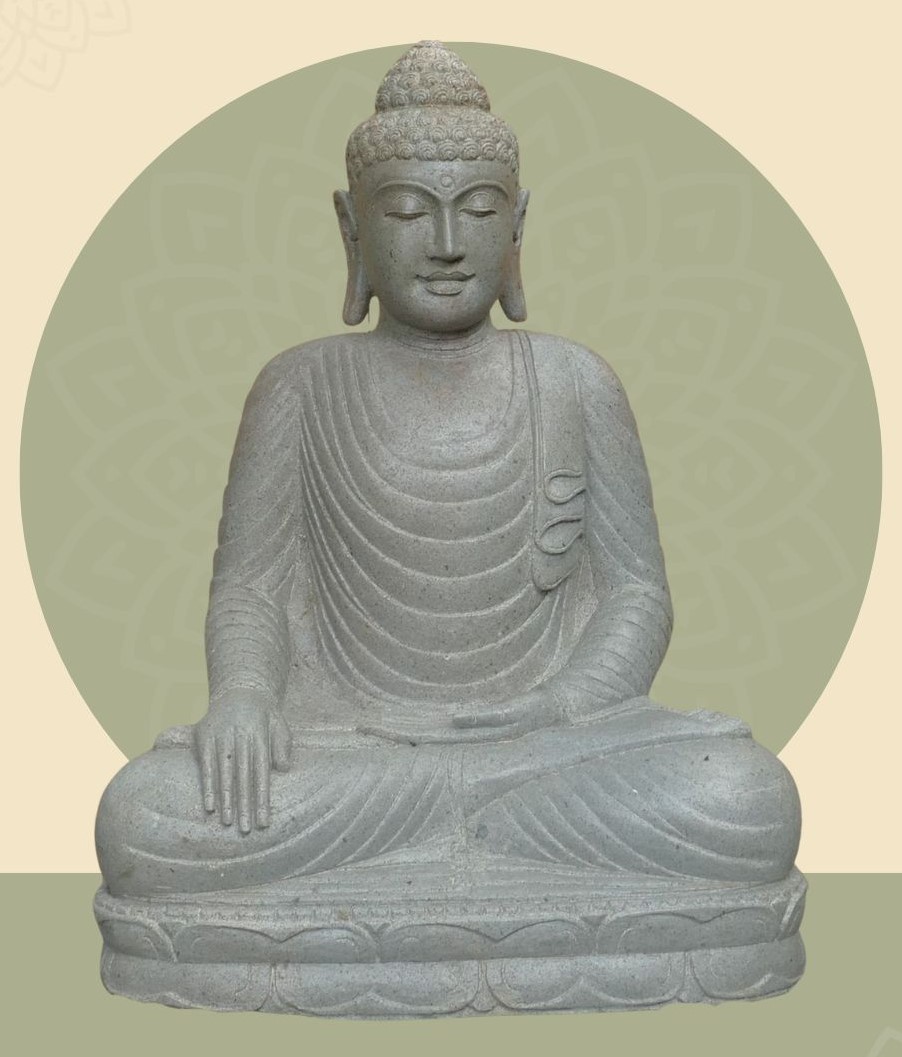  Product image 1 of the product “Seated Buddha made of Riverstone in Bhumisparsha - gesture of touching the earth, approx. 100cm height, natural ”