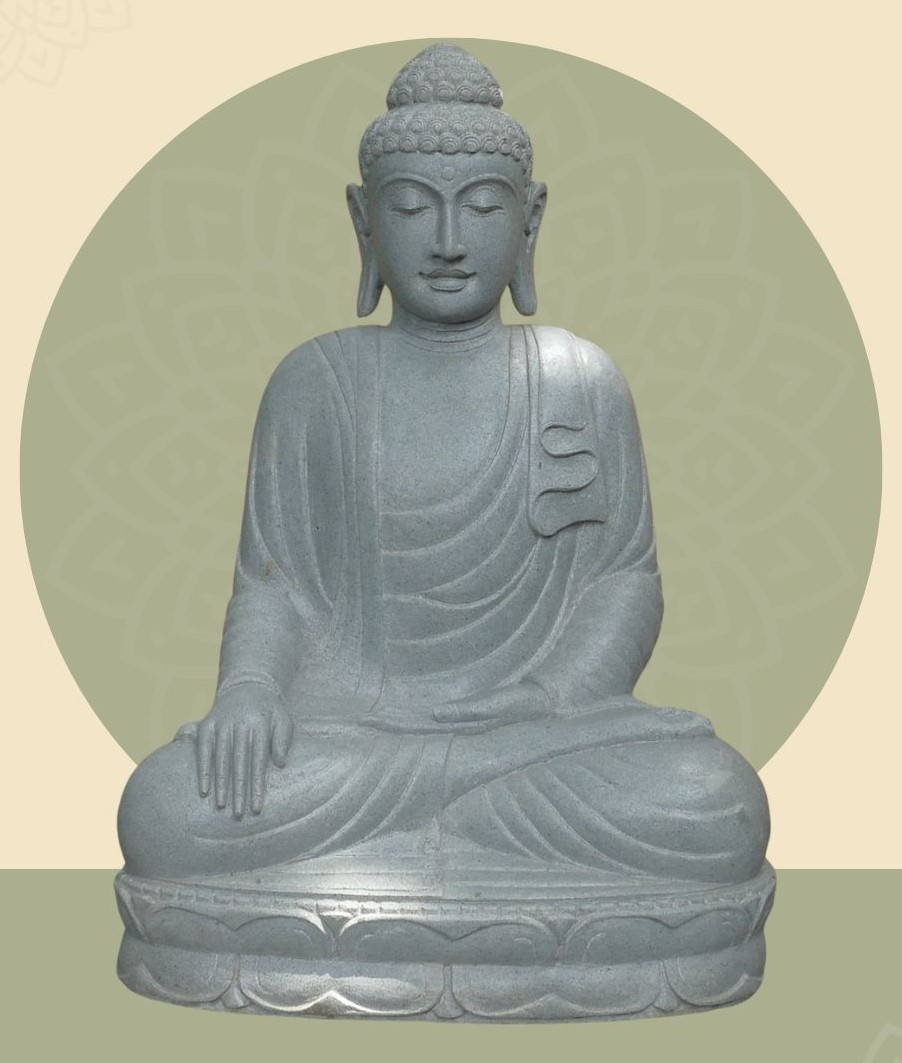  Product image 1 of the product “Seated Buddha made of Riverstone in Bhumisparsha - gesture of touching the earth, approx. 102cm height, natural ”