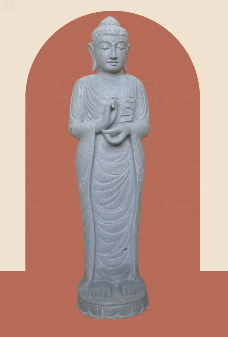  Product image 1 of the product “Standing Buddha made of Riverstone in Dharmachakra position - gesture of wheel of the teaching of Dharma. About 122cm height ”