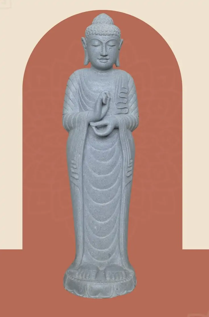  Product image 1 of the product “Standing Buddha made of Riverstone in Dharmachakra position - gesture of wheel of the teaching of Dharma. About 122cm height ”