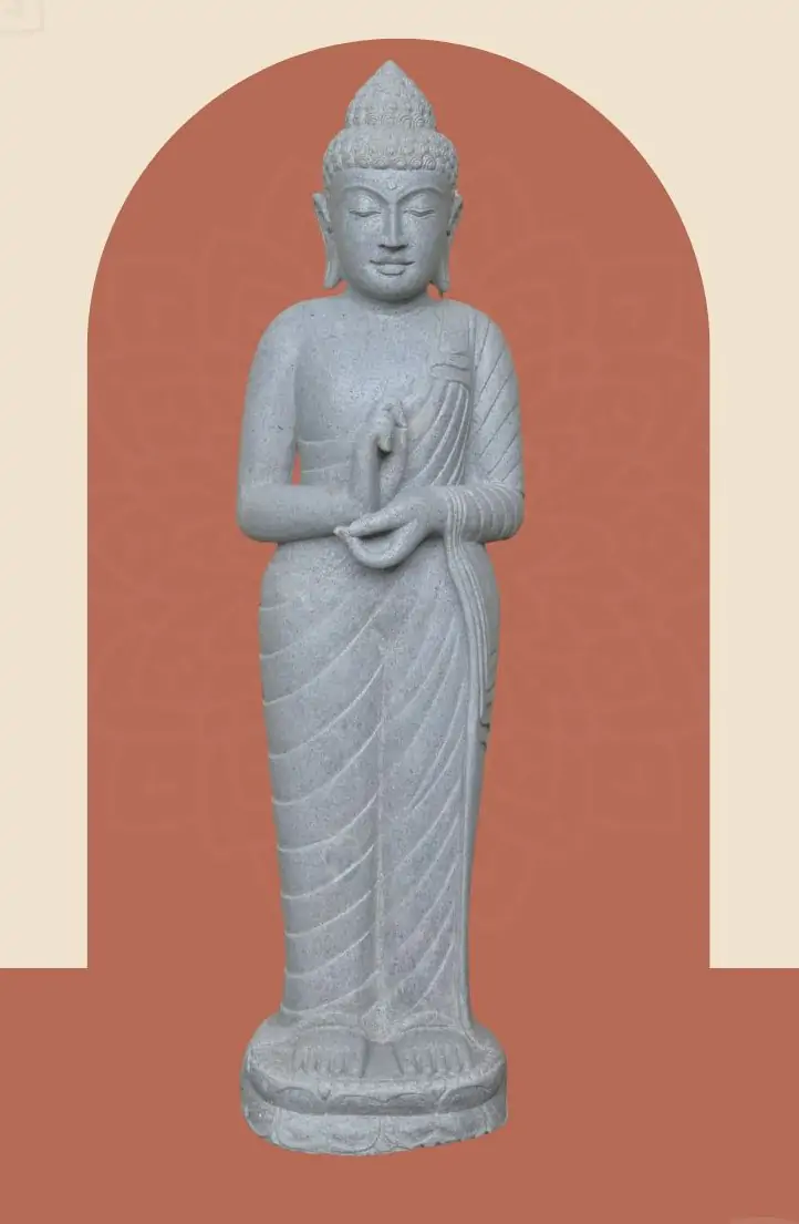  Product image 1 of the product “Standing Buddha made of Riverstone in Dharmachakra position - gesture of wheel of the teaching of Dharma. About 126cm height ”